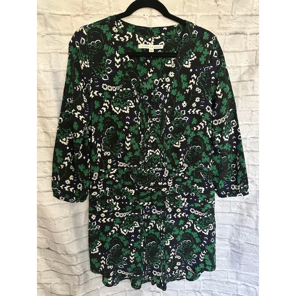 Veronica Beard 100% Silk Floral Ruched Mini Dress Green Navy Size 6 - Picture 2 of 9